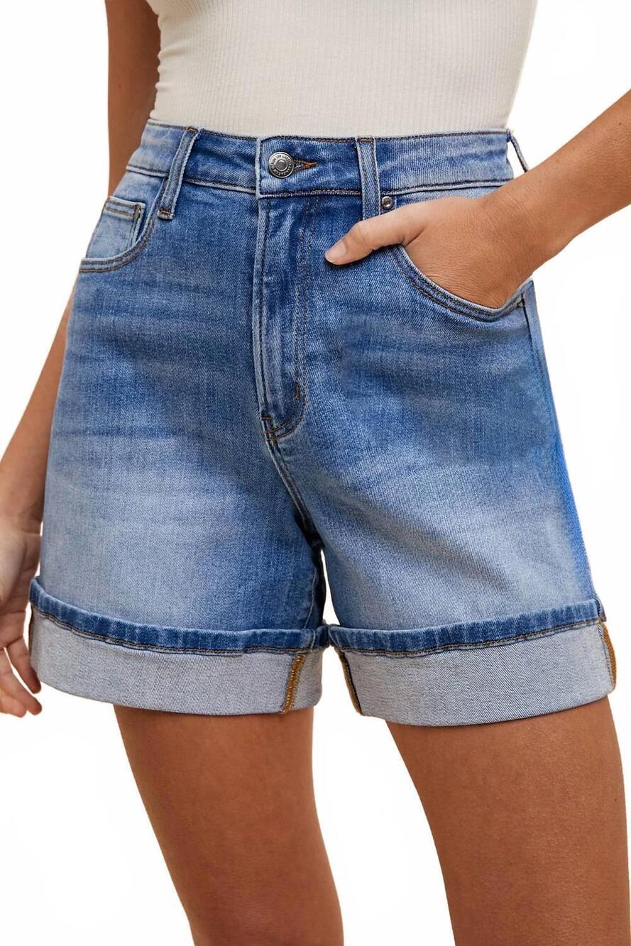 NEW ANNIEWEAR comfort stretch turn-up hem denim shorts in medium wash